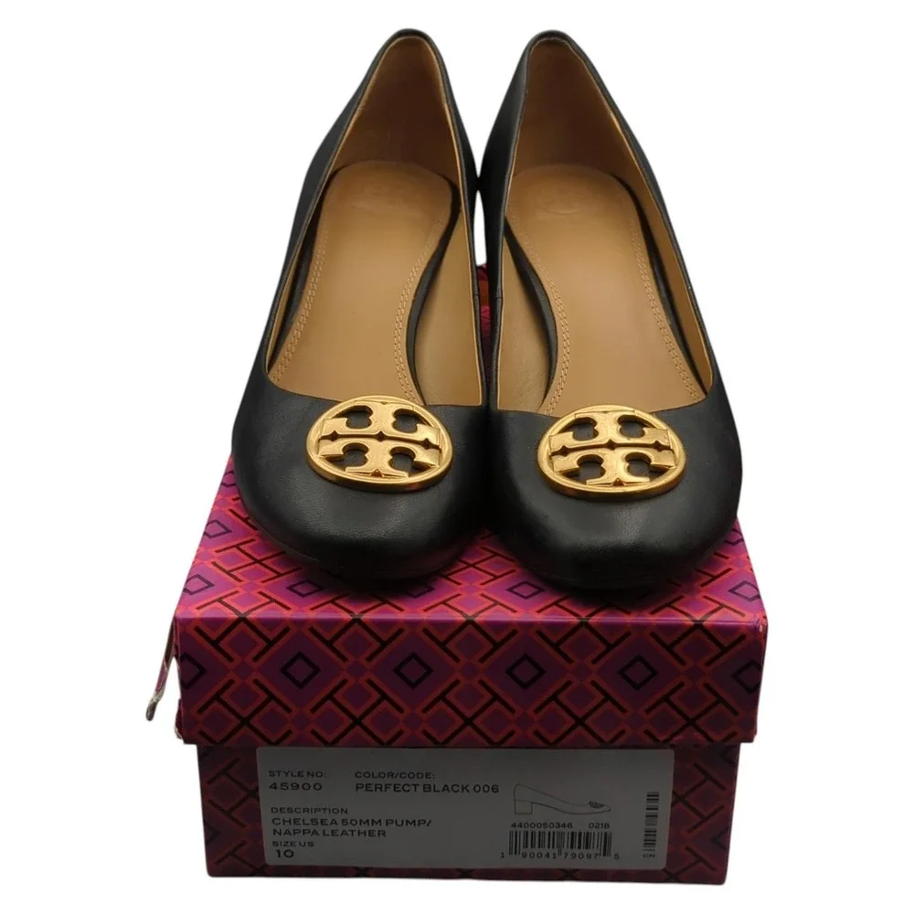 Tory Burch Pump Heels Chelsea 50mm‎ Perfect Black Nappa Leather Gold Logo  45900